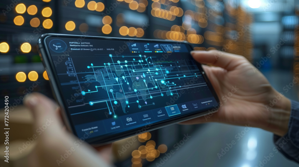 Poster Network Engineer Monitoring Data Flow on Tablet at a High-Tech Server Room