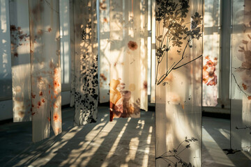 A delicate interplay of light and shadow on banners adorned with subtle floral motifs.