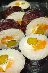 vegetarian sushi roll. Close-up, selective focus.