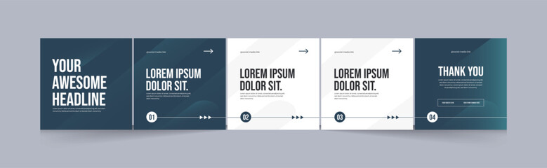 Social media carousel template, microblog five page square post for Instagram and linkedin, clean, modern, minimal, design, EPS vector illustration