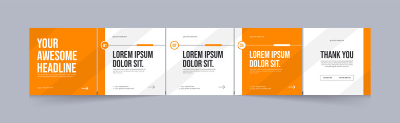 Social media carousel template, microblog five page square post for Instagram and linkedin, clean, modern, minimal, design, EPS vector illustration