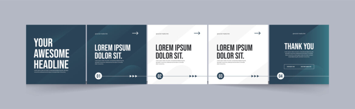 Social media carousel template, microblog five page square post for Instagram and linkedin, clean, modern, minimal, design, EPS vector illustration