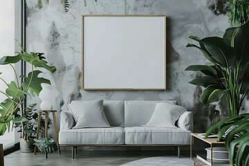 Blank picture frame mockup on the wall. Horizontal orientation. Artwork template in interior design