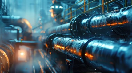 Moody and atmospheric lighting on scifi refinery pipes, a detailed view
