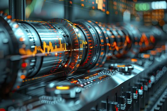 Minimalist design of a stock ticker tape circling around industrial equipment, on a market watch background, concept for real time industry stock monitoring.
