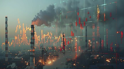 A modern depiction of economic progress: Stocks soaring over industrial chimneys against a backdrop of subtle growth, representing industrial expansion. - obrazy, fototapety, plakaty