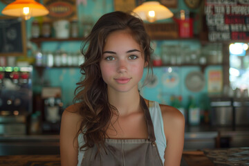 Young woman in bar, waitress, looking, bartender, brown hair, cheerful