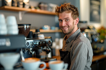Smiling barista in coffee shop, lifestyle, cheerful, confidence, working