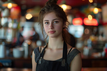 Young woman in restaurant, waitress, young adult, lifestyle, indoors, female