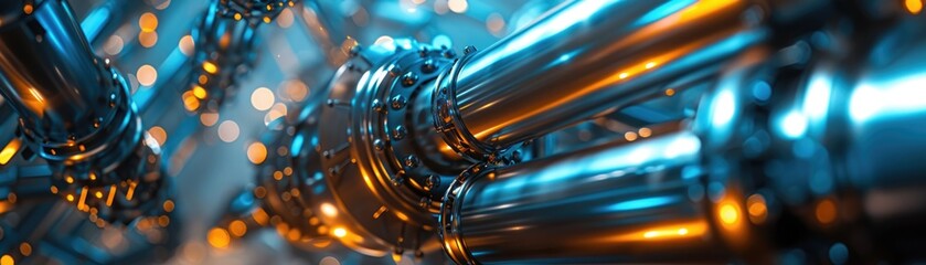 Closeup of scifi refinery pipes, entangled in a moody lighting aura - obrazy, fototapety, plakaty