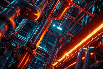 Fototapeta premium Futuristic piping in a scifi refinery, under moody and brooding lighting