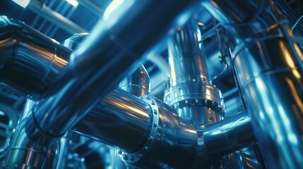 Futuristic refinery pipes bathed in moody, ambient lighting, closeup view