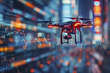 Minimalistic visualization of a drone surveying a financial district, on a market research background, concept for aerial analytics in finance. - obrazy, fototapety, plakaty