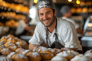 Baker smiling at camera, occupation, cheerful, working, white ethnicity - obrazy, fototapety, plakaty