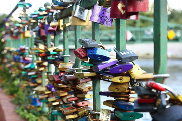 Love padlocks on a fence in cologne