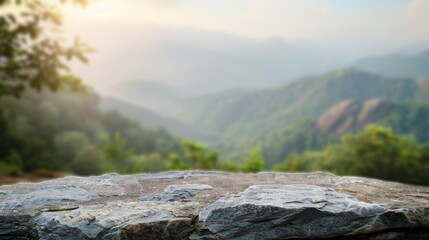 Stone table top with copy space. Mountains background..