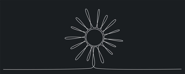 Sun - one single hand drawing continuous line banner. Vector stock illustration isolated on black chalkboard background for design template summer travel poster, flyer. Editable stroke.