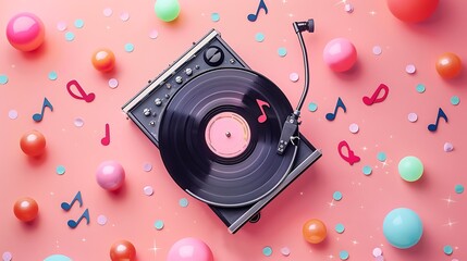 vinyl player surrounded by musical notes and colorful balls on a pink background