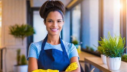 professional woman cleaner portrait in blue apron, office and home housekeeping and cleaning service - obrazy, fototapety, plakaty
