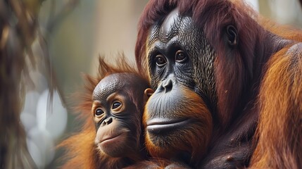 Fototapeta premium orangutan mother with child in nature