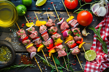 Preparing for a Grill: Raw Skewered Kebabs with Spices and Vegetables on a Rustic Wooden Background