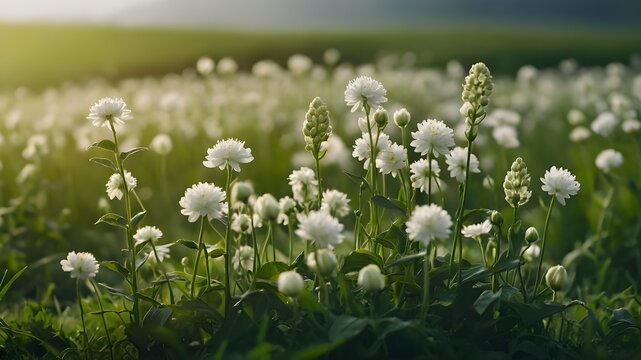 daisies in the grass. a group of tall white flowers sitting on top of a green field, a microscopic photo