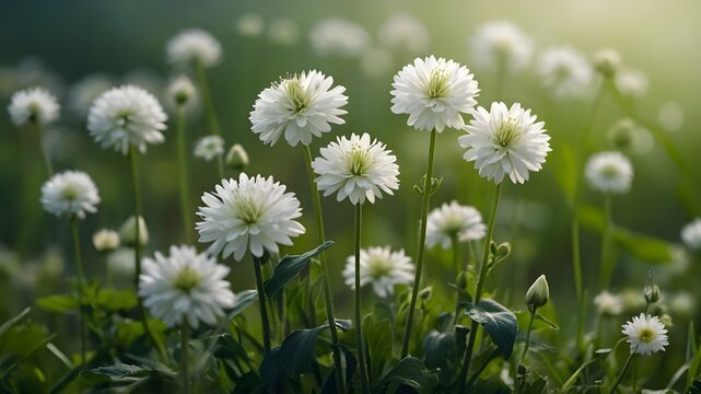 daisies in the grass. a group of tall white flowers sitting on top of a green field, a microscopic photo