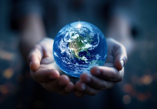 A man holding the earth in his hands symbolizes global concern for the environment and support for all mankind, an illustration for Earth Day