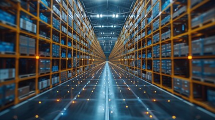 Fototapeta premium Symmetrical View Down the Aisle of a Modern Warehouse at Dusk