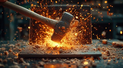 A hammer hits the laptop and sparks flying - obrazy, fototapety, plakaty