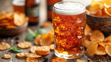Glass of beer and potato chips on a table, closeup view - obrazy, fototapety, plakaty