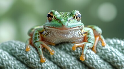 Obraz premium Green frog on a green knitted background, close-up