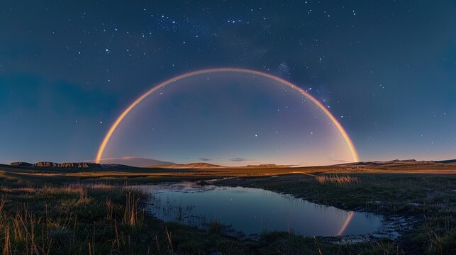The fleeting sight of a moonbow forms in the night sky, casting its ethereal glow over the land