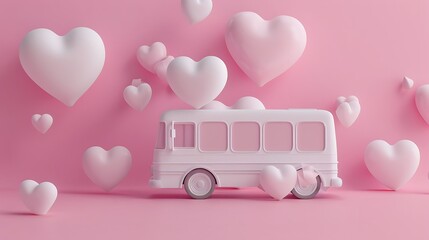 White heart put on the bus and around on pastel pink background
