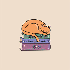 Vector illustration of a cat sleeping on books