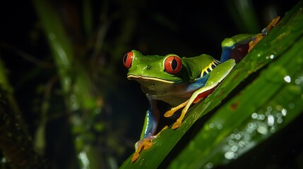 Fototapeta premium Red-Eye tree frog at night in a rain forest in the arenal area