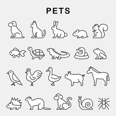Pets animals icon set illustration vector element simple minimalist trendy outline drawing doodle collection zoo veterinarian dog puppy cat