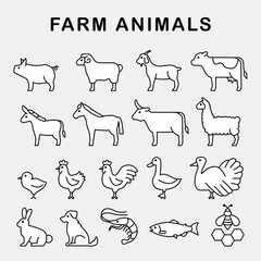 Fototapeta premium Farm animals icon set illustration vector element simple minimalist trendy outline drawing doodle collection zoo pets livestock poultry bundle