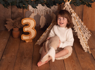 Boho style. Boy's birthday. Three years old.