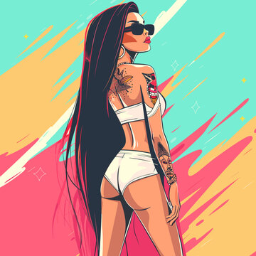 Beautiful girl with tattoo on her body and sunglasses. Vector illustration