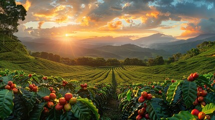 A panoramic view of a coffee bean field at sunset, with the sky painted in warm hues and the tra - obrazy, fototapety, plakaty