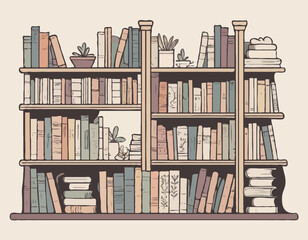 Interior bookshelves. Store shelves with books and vintage elements, poems and dictionaries, short stories and poetry, hand drawn things organization, tidy vector cartoon flat set