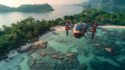 Helicopter Flying Over Tropical Island in Ocean