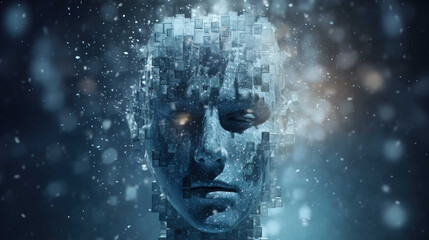 Naklejka na ściany i meble Artificial Intelligence Background , 3D dissolving human head made with cube shaped particle , Generate AI