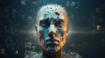  Artificial Intelligence Background , 3D dissolving human head made with cube shaped particle , Generate AI - obrazy, fototapety, plakaty