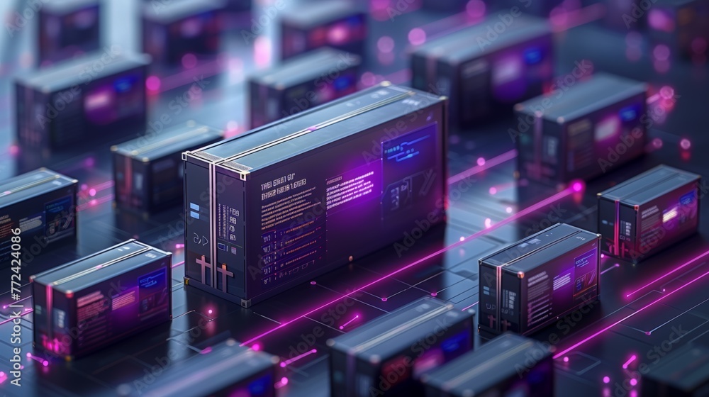 Poster Futuristic Server Racks With Neon Lights in a Data Center Environment
