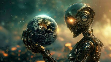 A robot clutching planet Earth Its cybernetic enhancements gleaming in the light