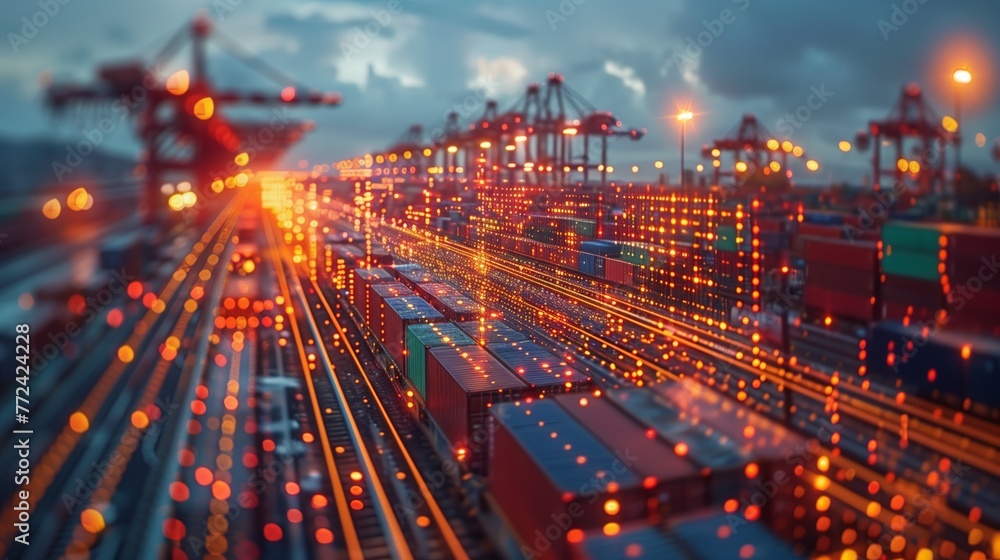 Poster Bustling Container Port at Twilight With Illuminated Cranes