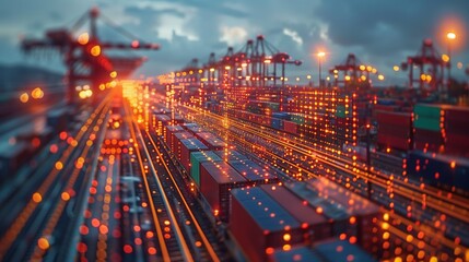 Fototapeta na wymiar Bustling Container Port at Twilight With Illuminated Cranes