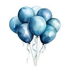 Row of round blue balloons in watercolor design on transparent background